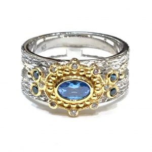 Ασημόχρυσο βυζαντινό δαχτυλίδι με μπλε πέτρες