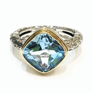 Ασημόχρυσο αντικέ δαχτυλίδι με μπλε πέτρα