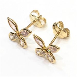 Παιδικά χρυσά σκουλαρίκια πεταλούδες με ροζ πέτρες