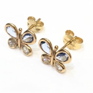 Χρυσά παιδικά σκουλαρίκια πεταλούδες με σιέλ πέτρες