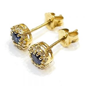 Χρυσά σκουλαρίκια ροζέτες με μπλε πέτρες