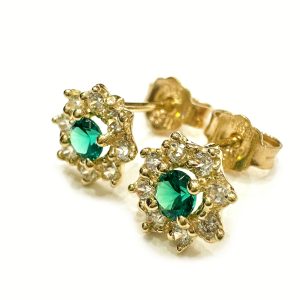 Χρυσά σκουλαρίκια ροζέτες με πράσινες πέτρες