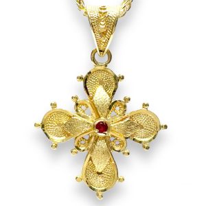 Βυζαντινός χρυσός σταυρός 18Κ με ρουμπίνι
