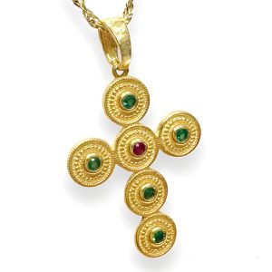 Χρυσός βυζαντινός σταυρός με χρωματιστές πέτρες