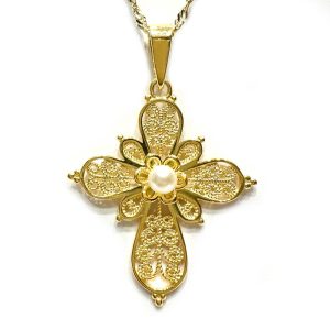 Χρυσός βυζαντινός σταυρός ροζέτα με μαργαριτάρι