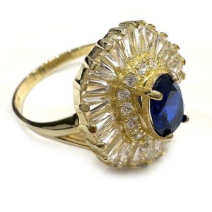 Χρυσό δαχτυλίδι μεγάλη ροζετα μπλε