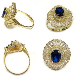 Χρυσό δαχτυλίδι μεγάλη ροζετα μπλε